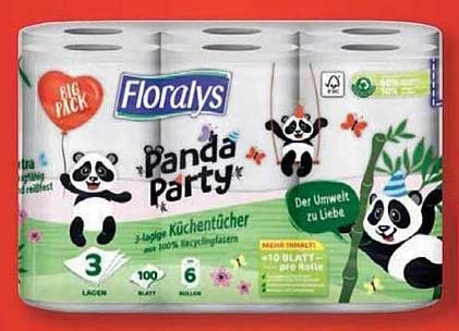 Giấy bếp Floralys 3 lớp, 100 tờ/cuộn, 6 cuộn/bịch - Floralys Recycel Panda Party Küchentücher 3lag, 6x100BTL